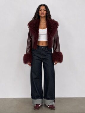 Y2K 90’s Bratz Cropped Burgundy Faux Leather Jacket with Shaggy Fur Detailing